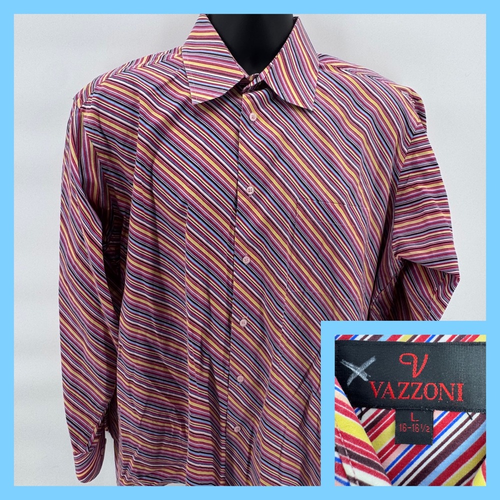 VAZZONI Men's Striped Dress Shirt Long Sleeve Button Up Size L 16 16.5‎